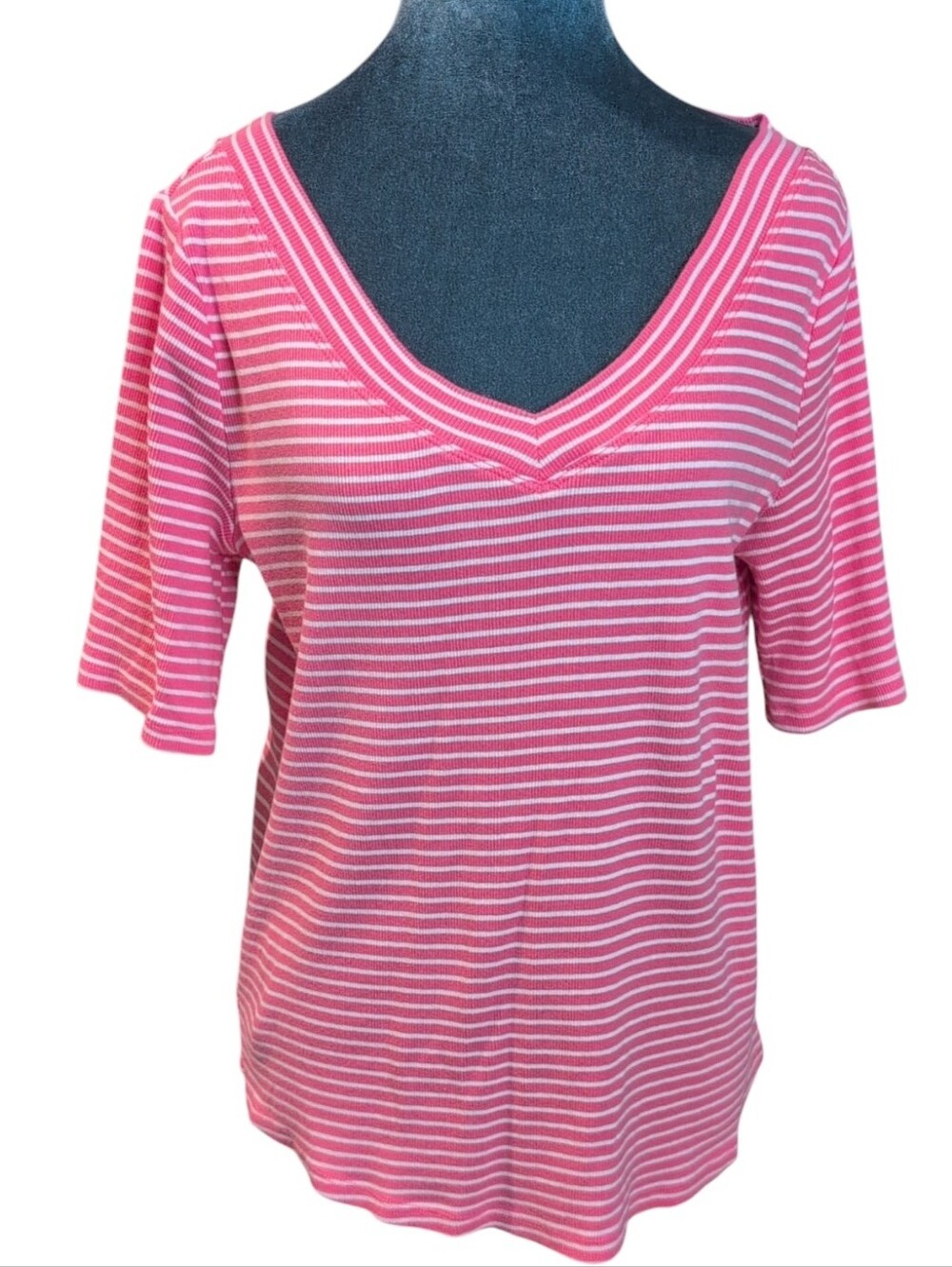 Talbots Pink & White Striped Ribbed V-Neck Top Size X